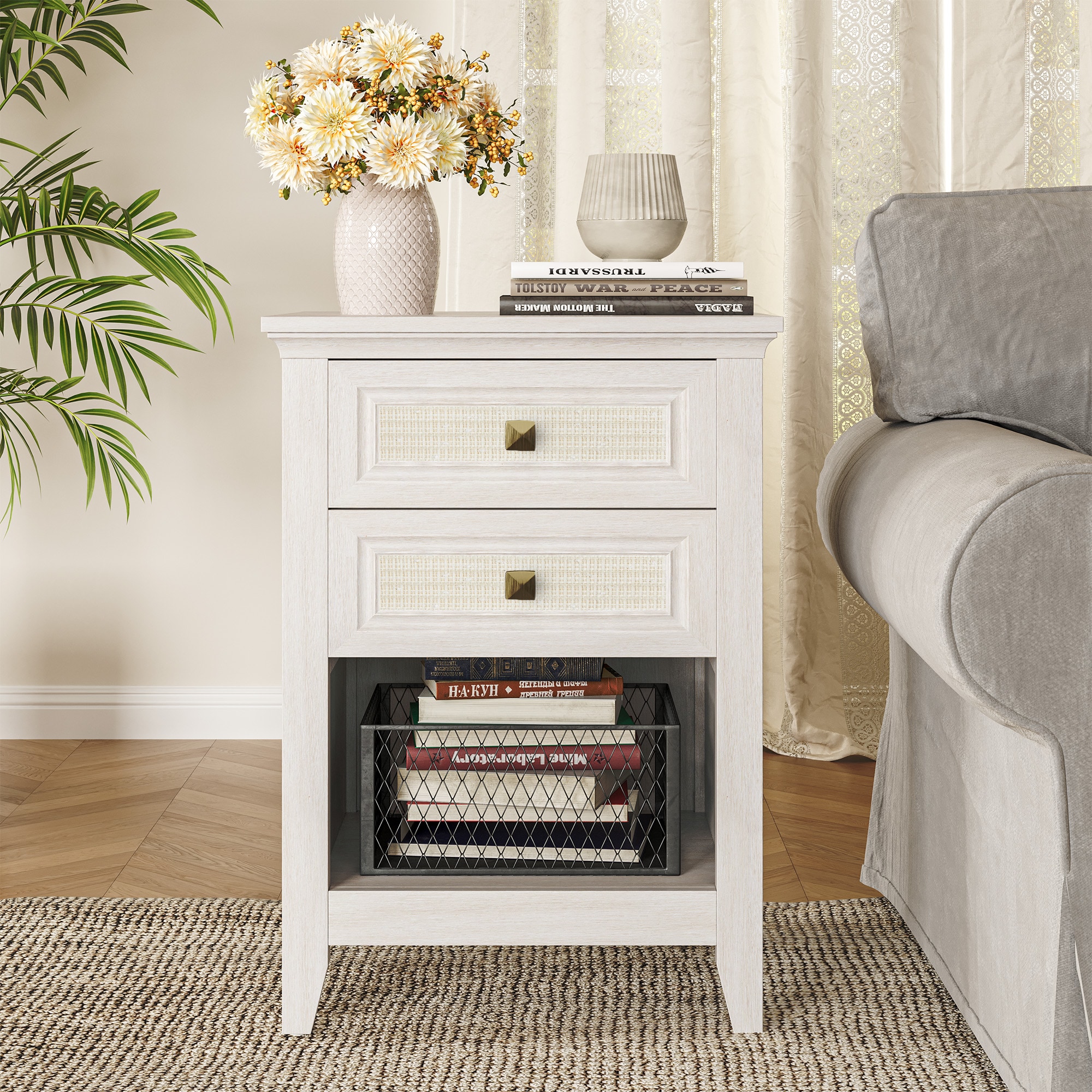 Grayish White Rattan Bedside Table With Storage Drawer For Bedroom_voghion.com